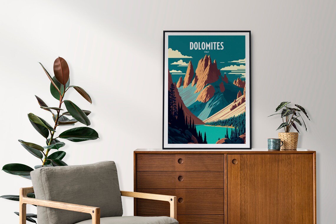 Dolomites Italy Retro Travel Poster with Alpine Lake and Peaks - Image 4