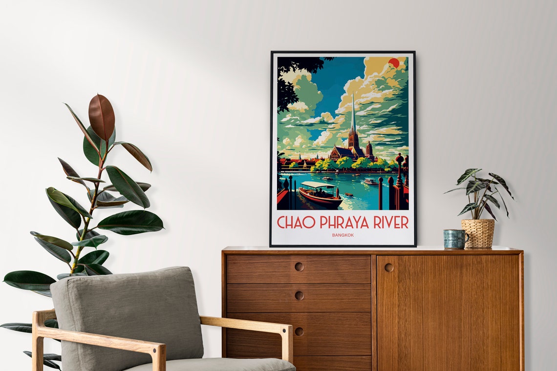 Chao Phraya River Bangkok Temple Boats Red Sun Travel Poster - Image 4