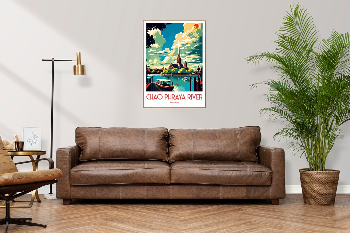Chao Phraya River Bangkok Temple Boats Red Sun Travel Poster - Image 3