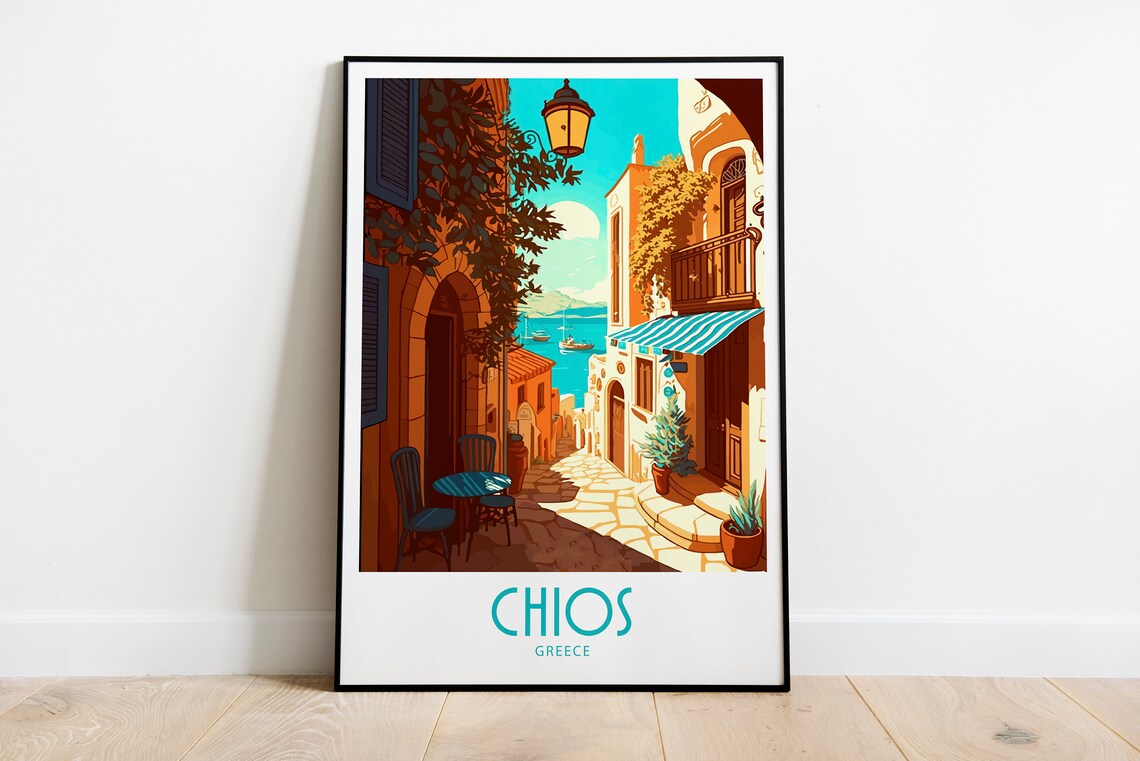 Vintage Chios Greece Travel Poster Old Town Alley Sea View Art