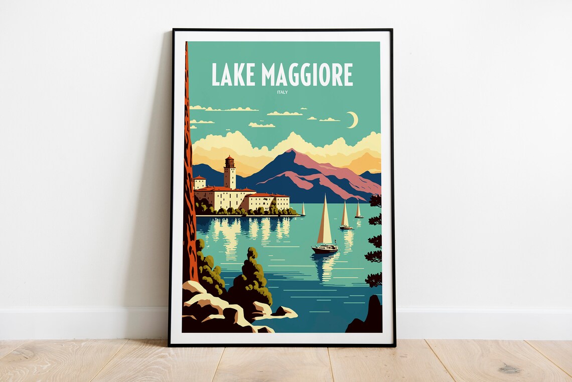 Lake Maggiore Italy Retro Travel Poster with Sailboats and Villa