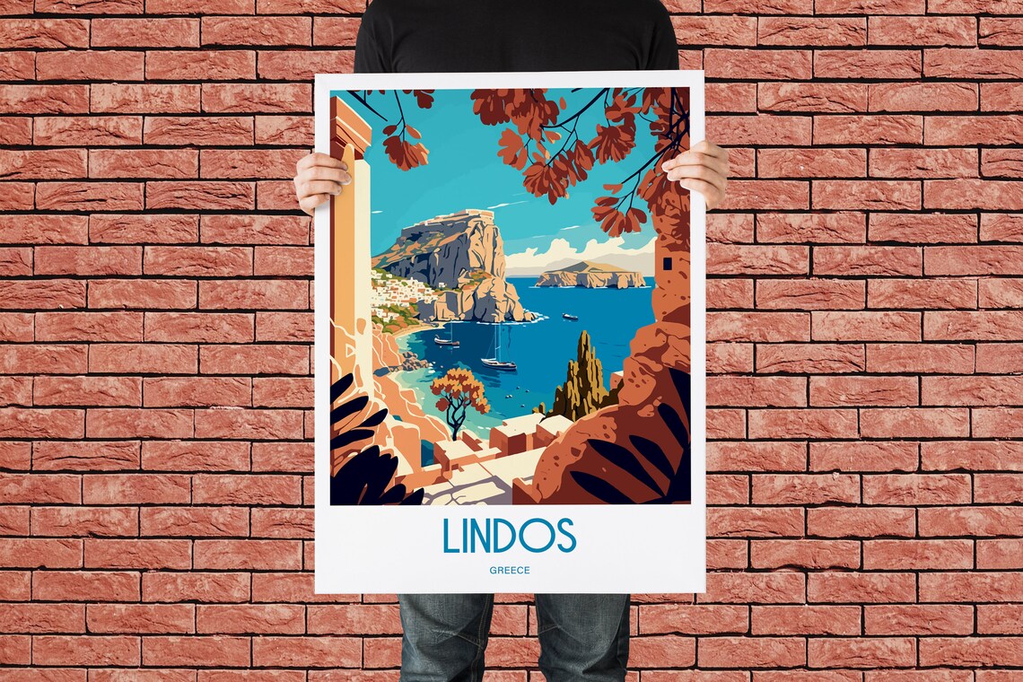 Lindos Rhodes Greek Island Acropolis Bay Vintage Travel Poster - Image 4