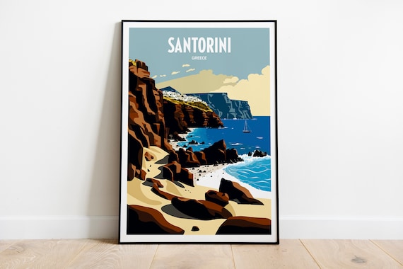 Santorini Greece Vintage Rocky Cliffs Sailboat Travel Poster