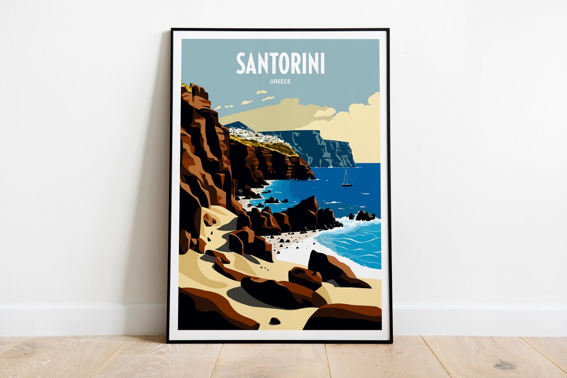 Santorini Greece Vintage Rocky Cliffs Sailboat Travel Poster