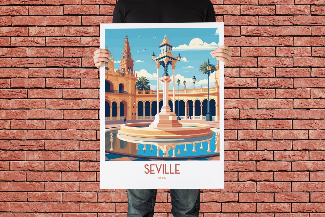 Seville Spain Grand Plaza Fountain Arcade Vintage Travel Poster - Image 3