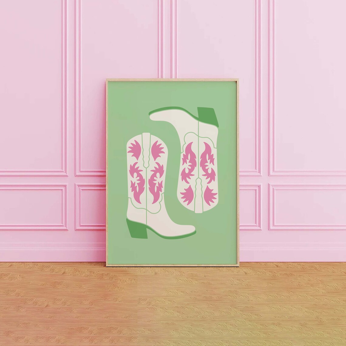 Pink Floral Cowgirl Boots Green Western Retro Cowgirl Poster - Image 3