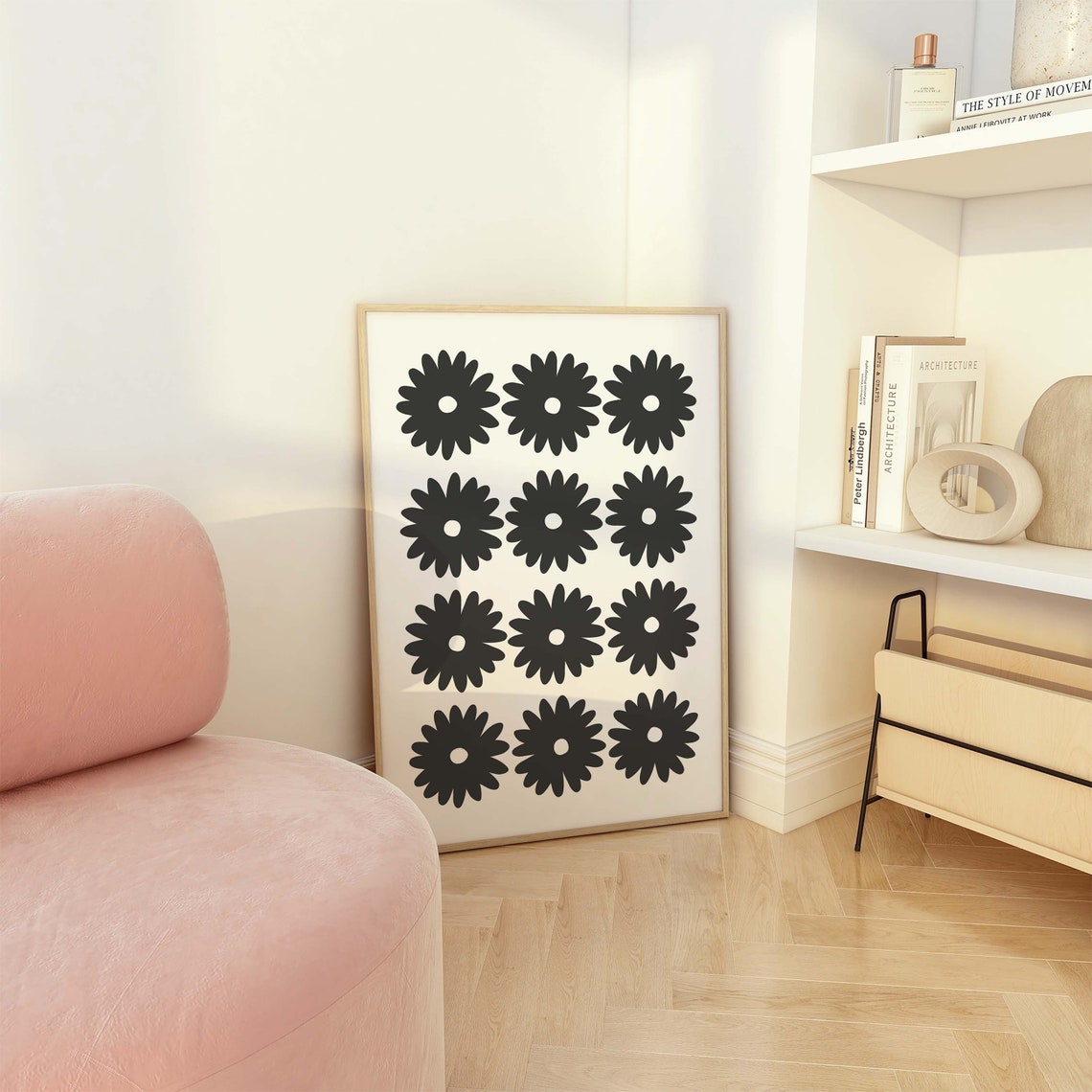 White Daisy Flower Grid Black Background Botanical Minimal Poster - Image 2