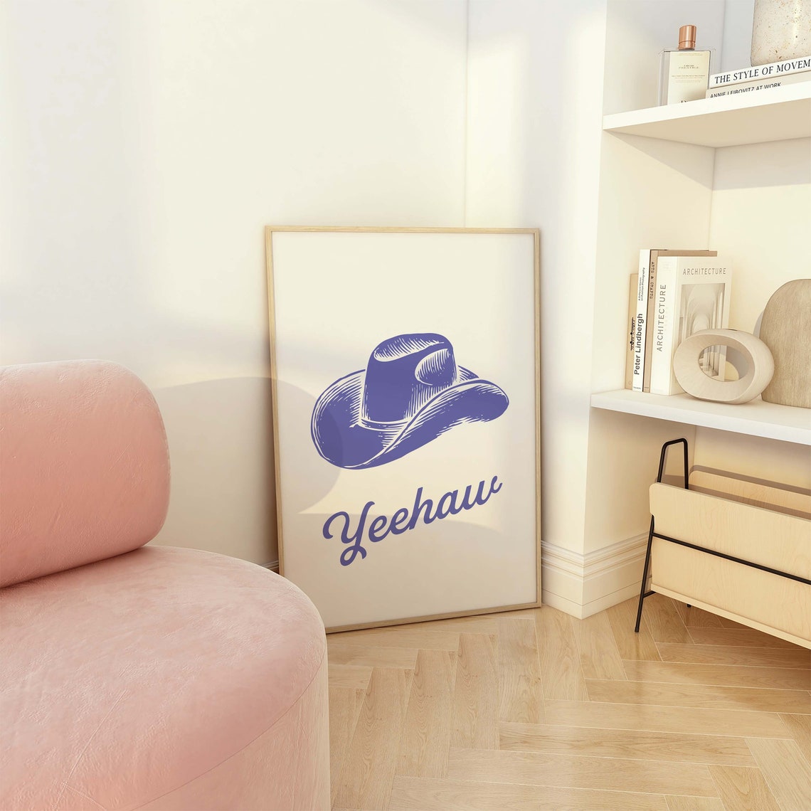 Blue Cowboy Hat Yeehaw Retro Western Script Cream Art Poster - Image 3