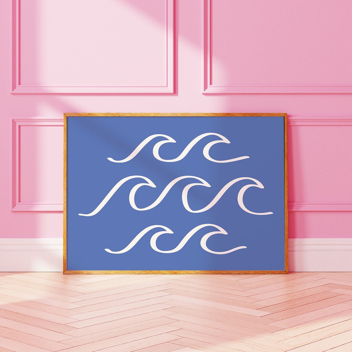 Blue White Abstract Wave Line Squiggle Coastal Poster For Beach House - Image 3