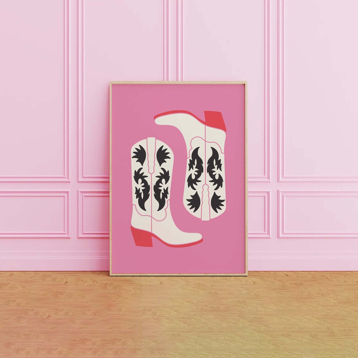 Black Floral Cowgirl Boots Pink Sole Western Retro Cowgirl Poster - Image 3