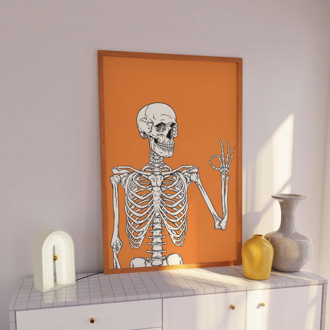 Gothic Skeleton OK Hand Gesture Orange Background Art Poster - Image 3