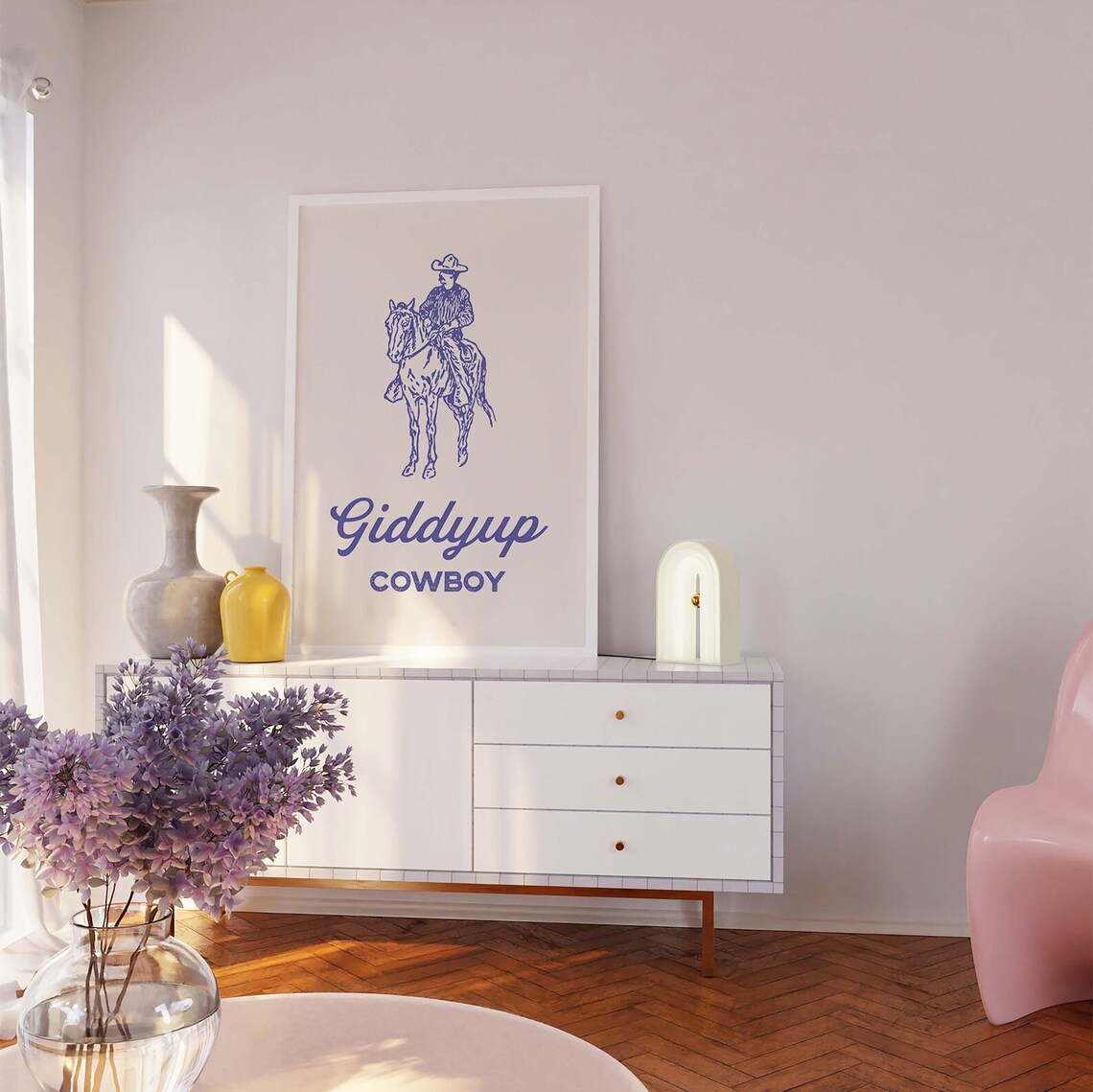 Vintage Giddyup Cowboy Purple Line Art Western Horse Rider Poster - Image 5