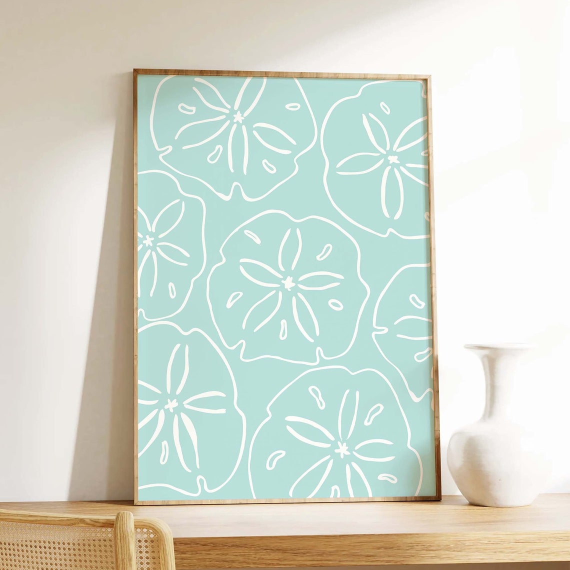 Mint Sand Dollar Pattern White Line Art Coastal Beach Poster - Image 2