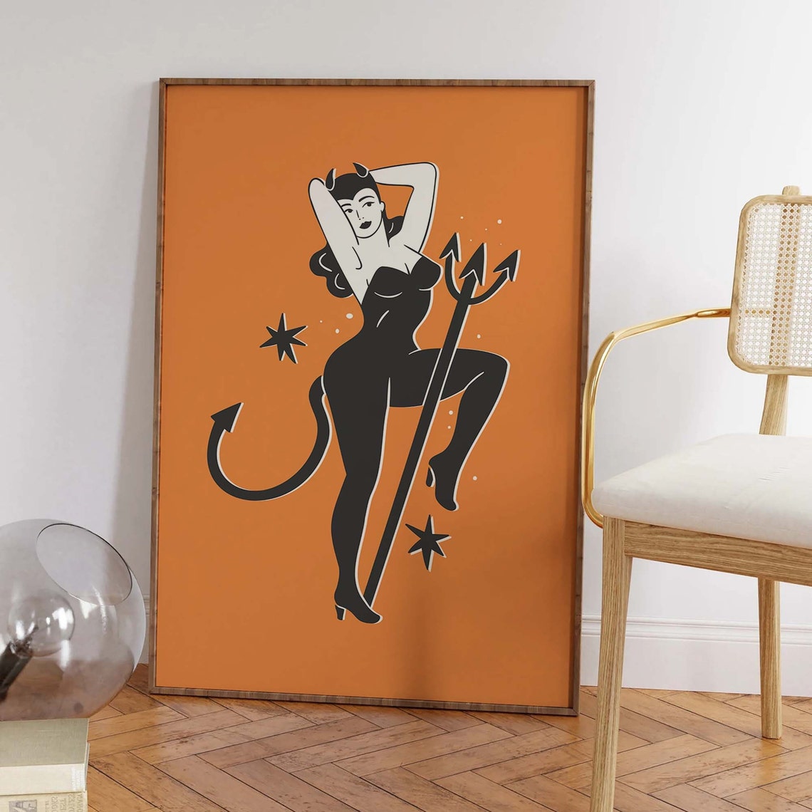 Pin Up Devil Girl Trident Orange Cute Retro Halloween Art Poster - Image 2