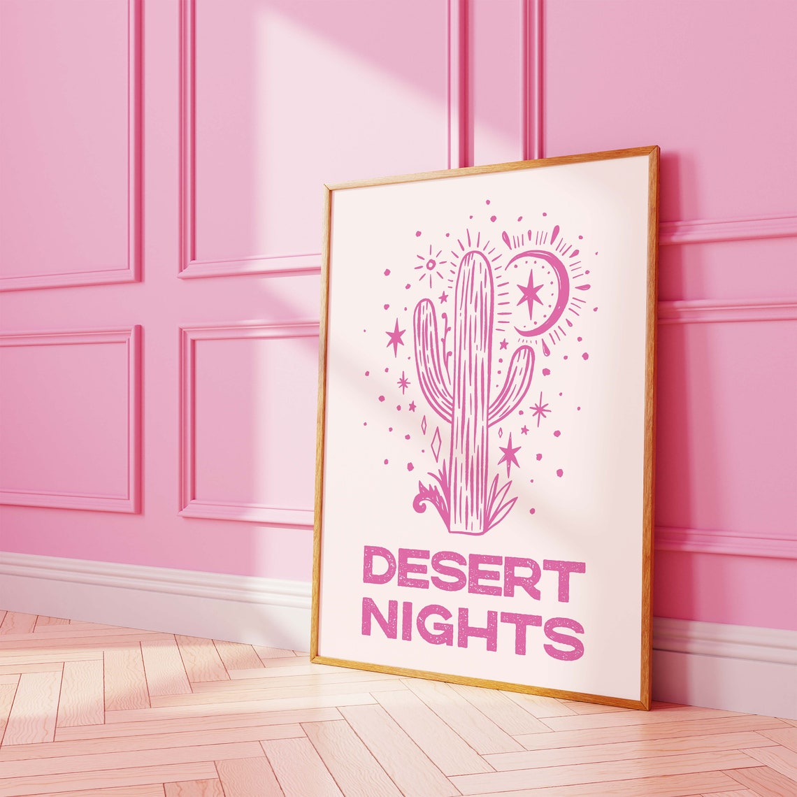 Desert Nights Pink Cactus Moon Retro Western Typography Wall Print - Image 2