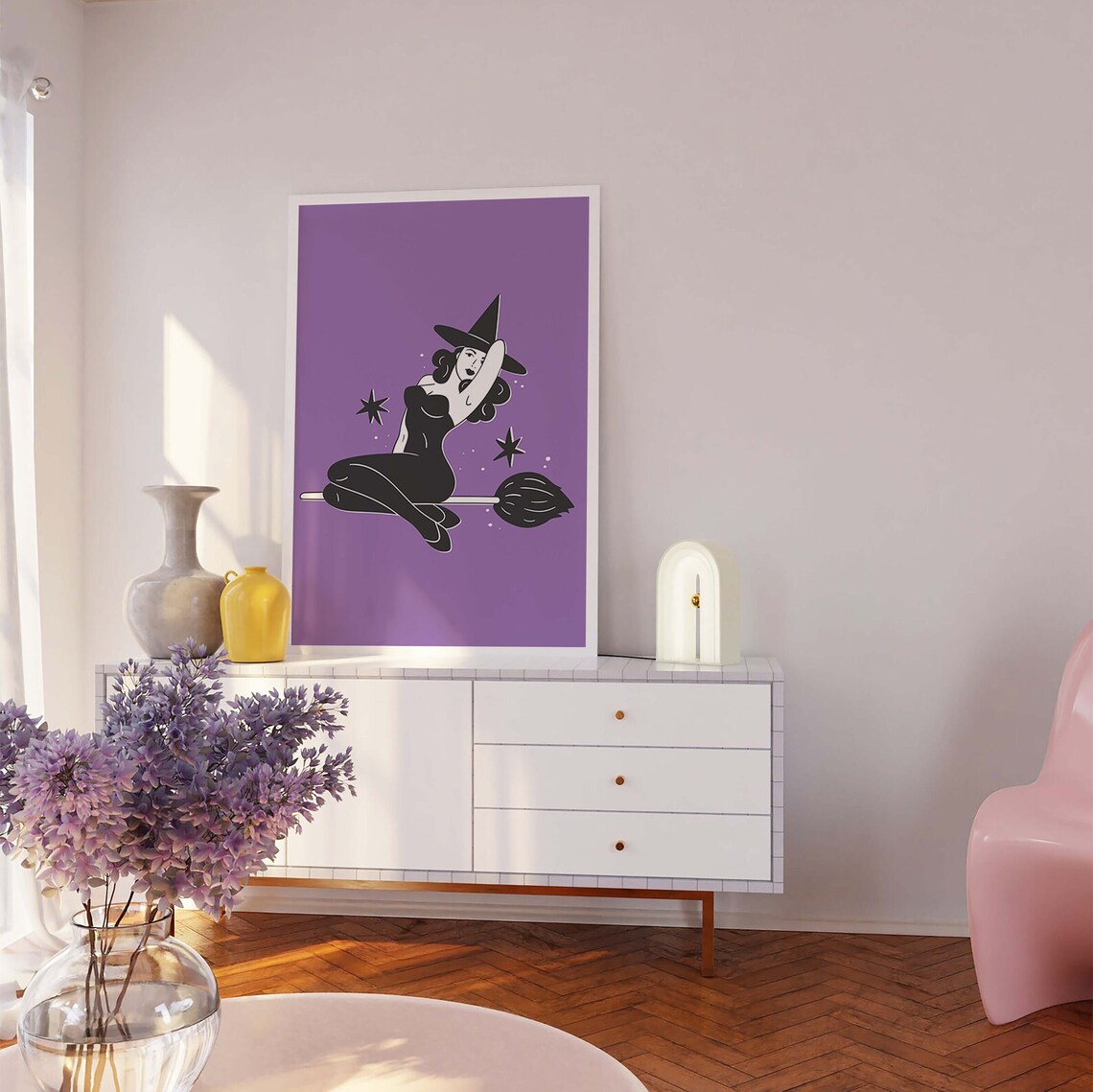 Pin Up Witch Riding Broom Purple Cute Retro Halloween Art Poster - Image 4