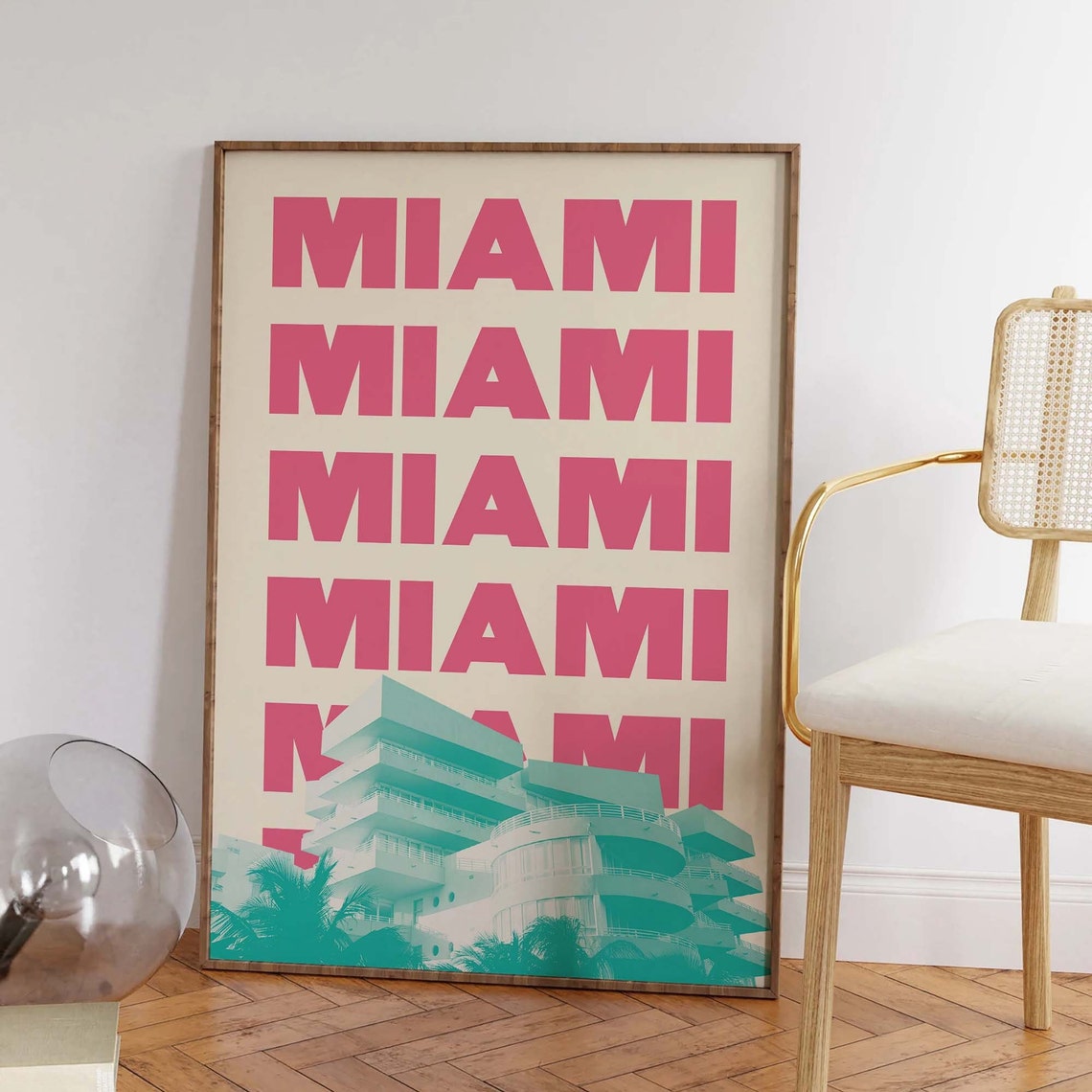 Miami Beach Pink Retro Typography Art Deco Building Travel Poster - Image 3