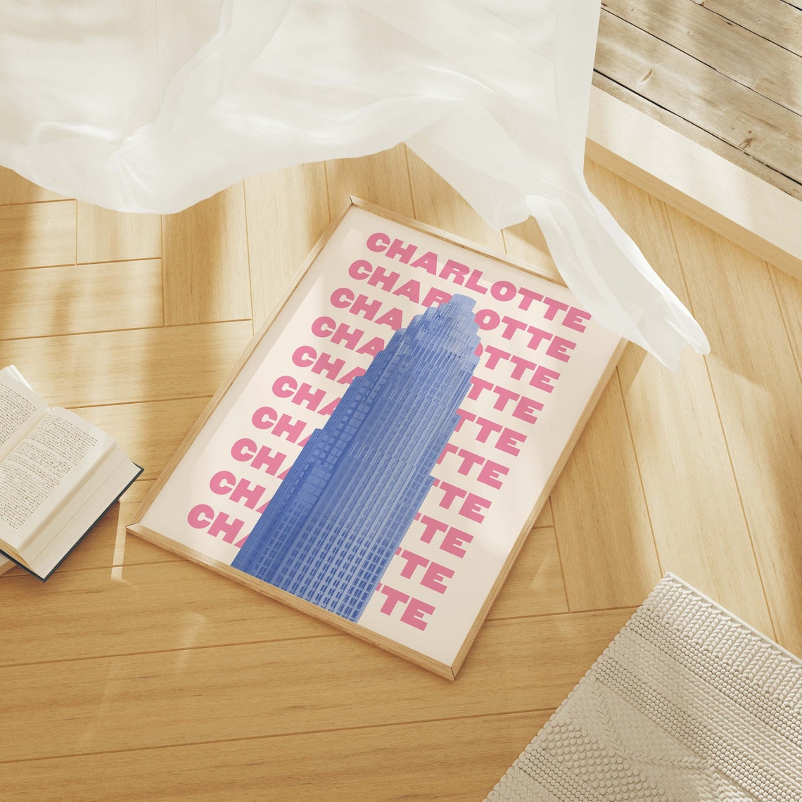 Charlotte North Carolina Pink Blue Retro Travel Typography Poster - Image 6