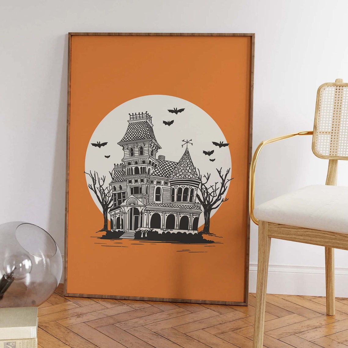 Haunted House Under Full Moon Bats Vintage Orange Halloween Poster - Image 6