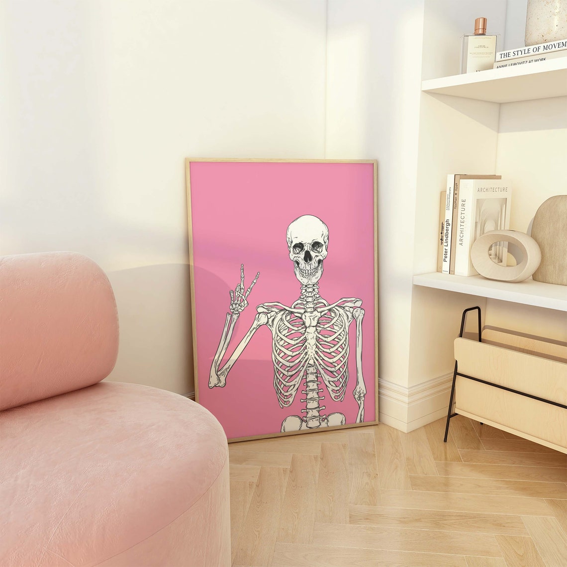 Gothic Skeleton Peace Sign Pink Background Halloween Art Poster - Image 4