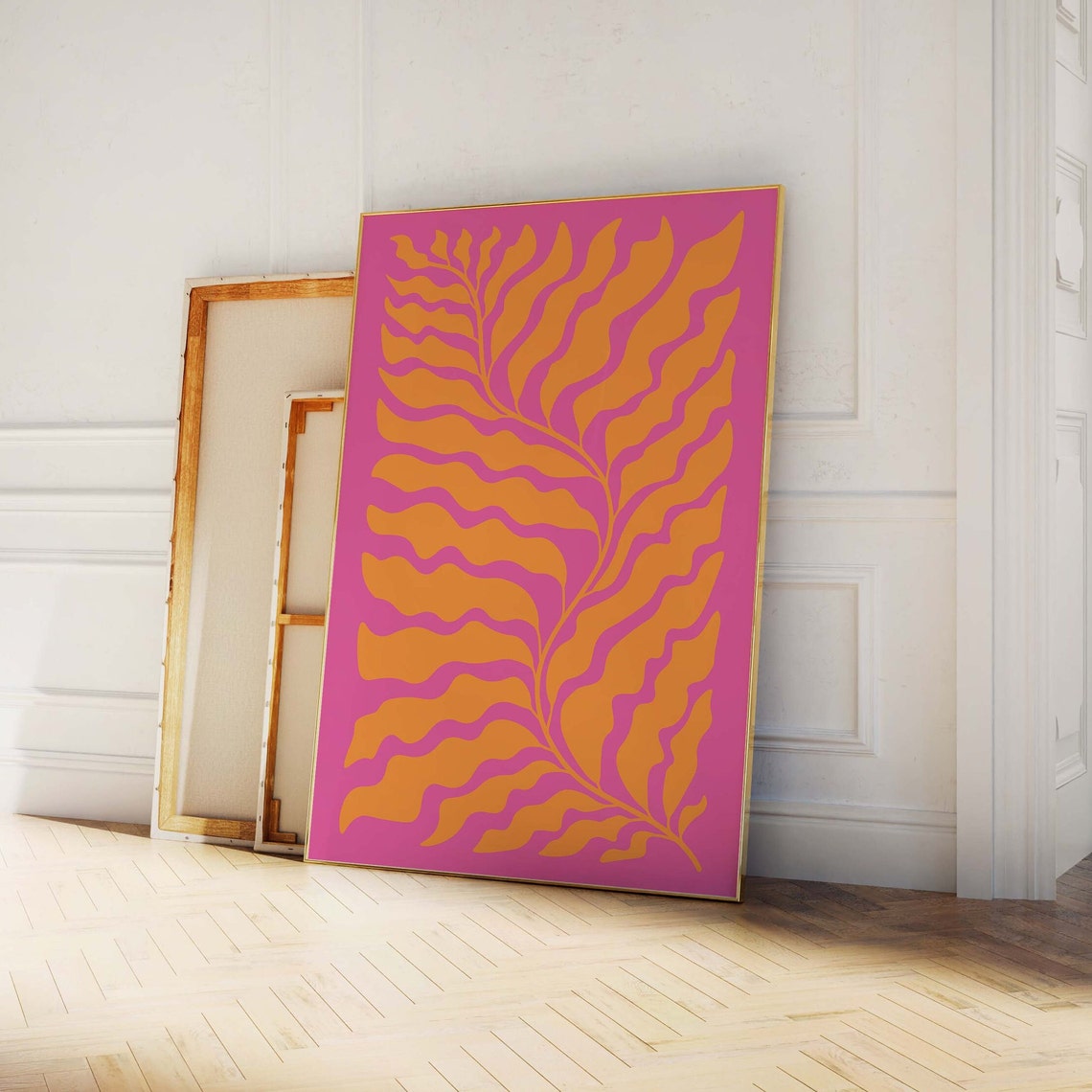 Orange Abstract Botanical Leaf Shapes on Pink Modern Retro Poster - Image 4