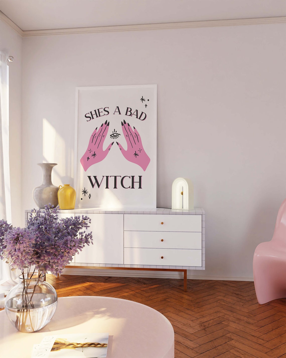 Shes A Bad Witch Hands Evil Eye Pink on White Gothic Wall Art - Image 5