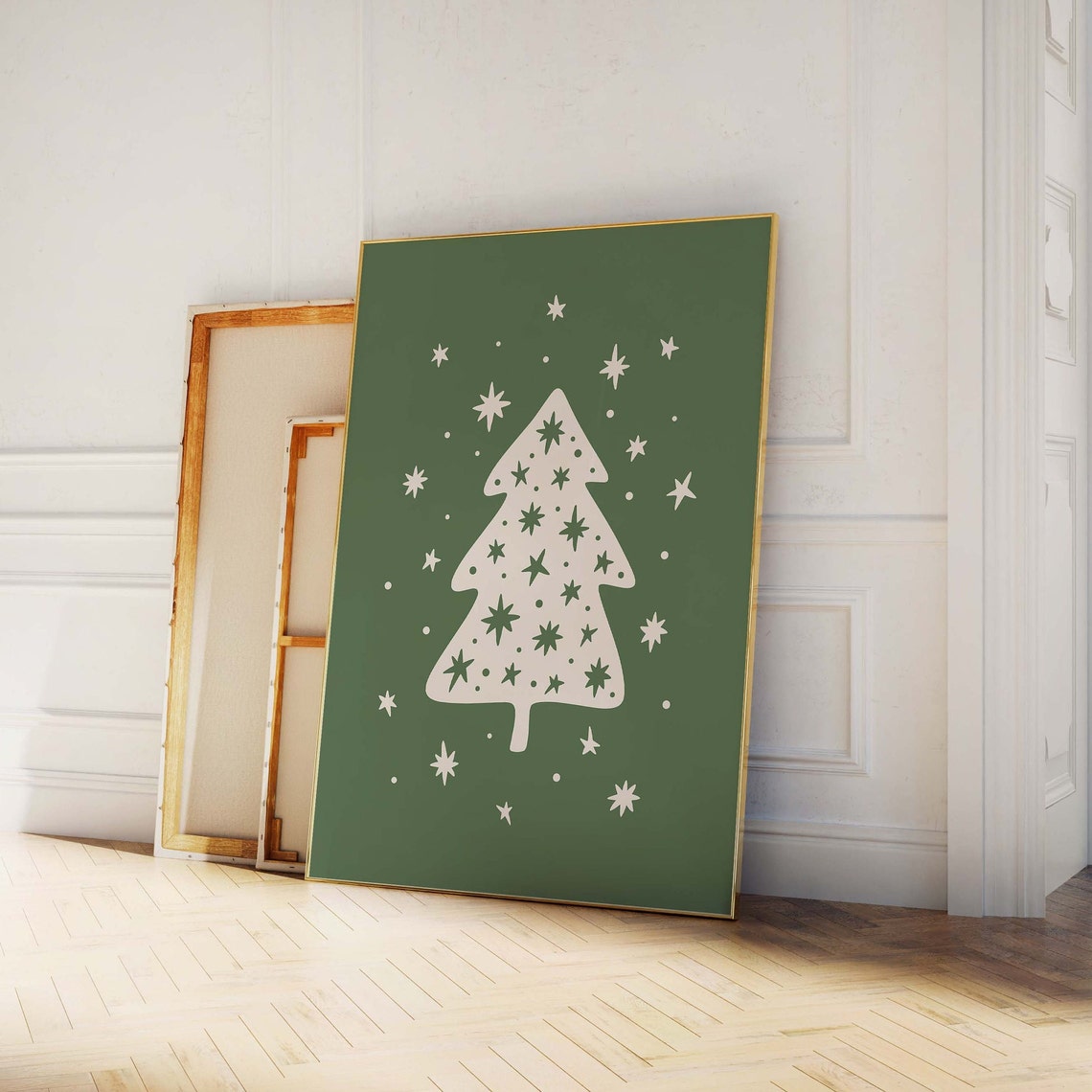 White Christmas Tree on Green Starry Retro Holiday Cute Poster - Image 4
