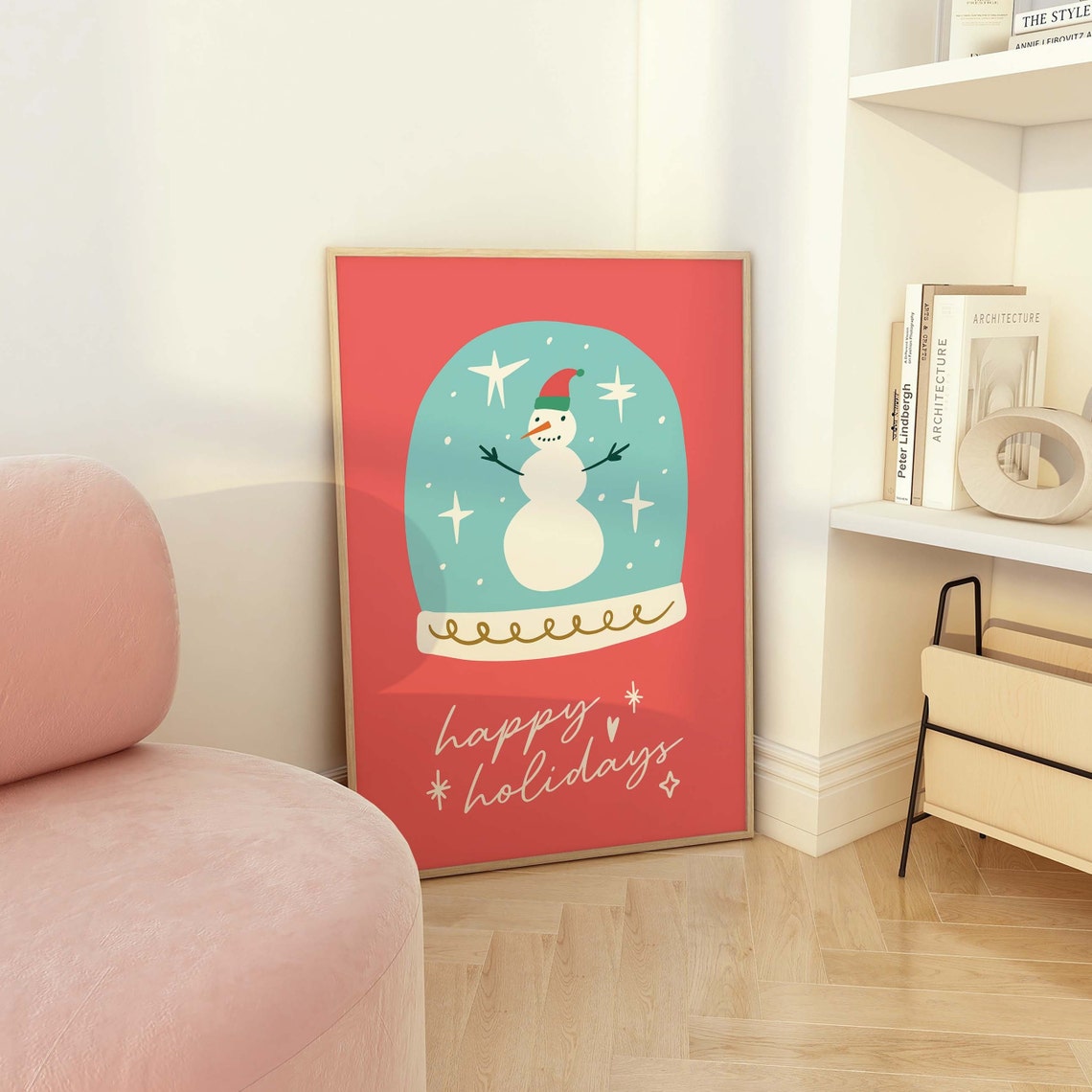 Christmas Snow Globe Print Art Trendy Boho Christmas Prints Cute Holiday Wall Decorations Snowman Wall Art - Image 2