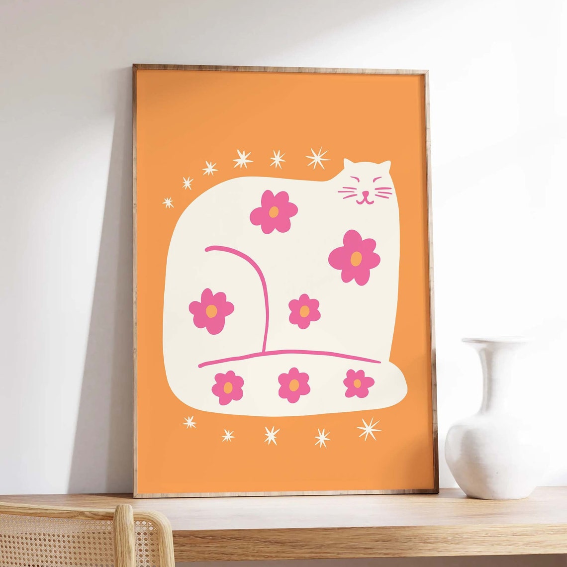 Orange Cat With Pink Flowers Retro Kitty Illustration Wall Print - Image 4