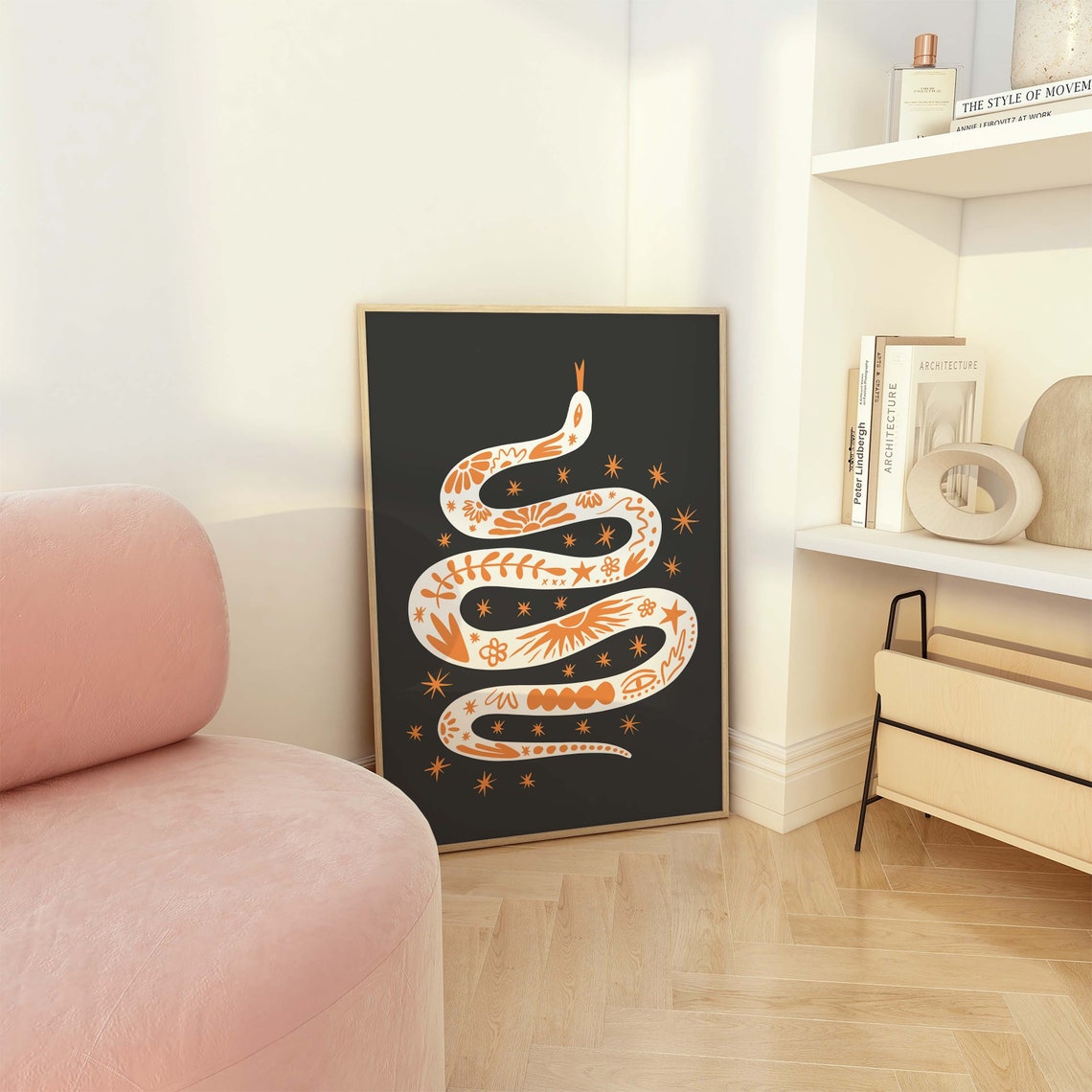 Boho Tattoo Snake Orange Halloween Illustration Black Art Poster - Image 4