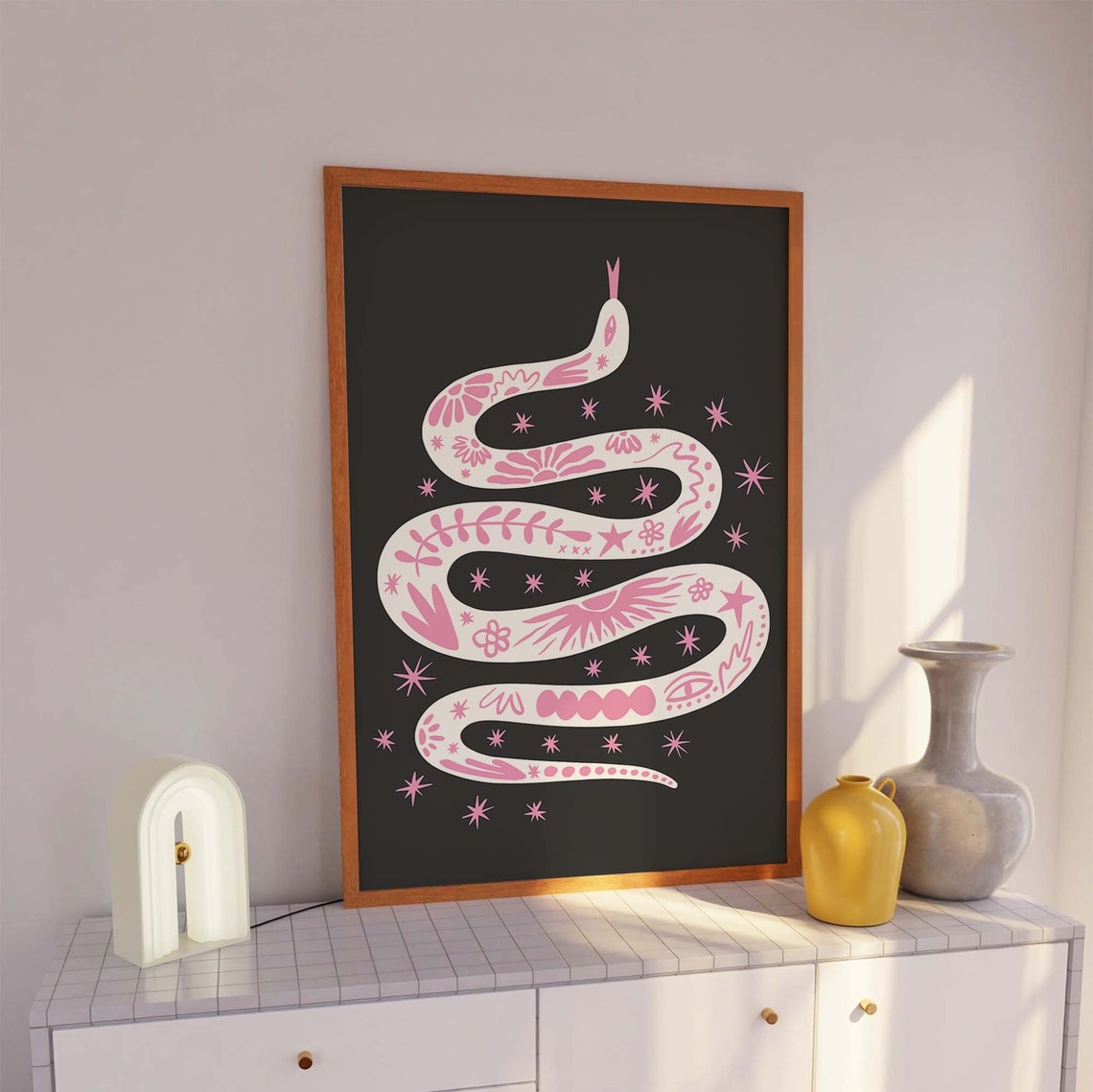 Boho Tattoo Snake White Illustration Black Starry Art Poster - Image 3