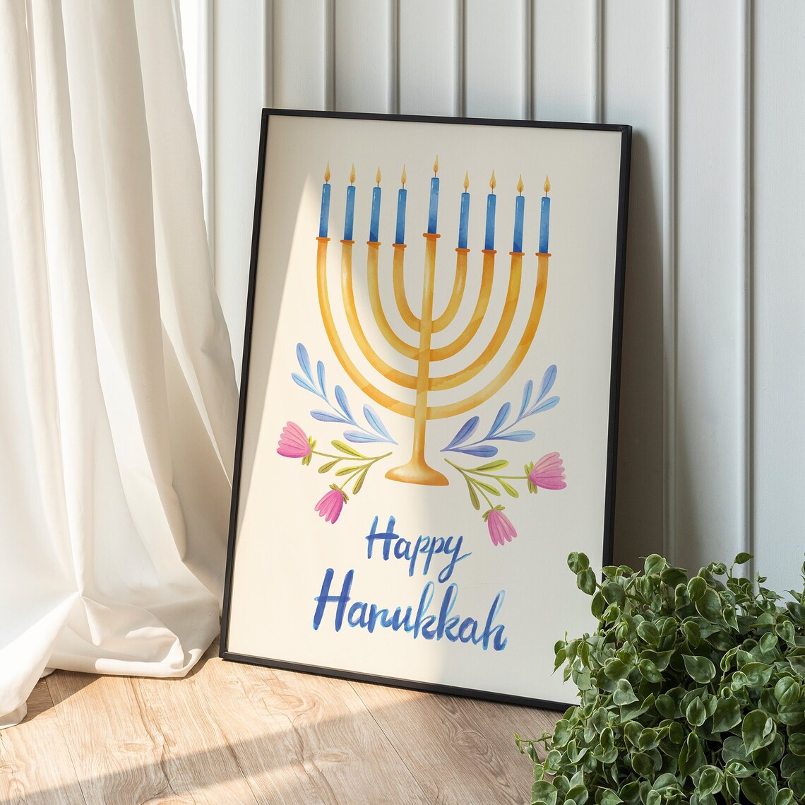 Happy Hanukkah Gold Menorah Blue Candles Floral Holiday Poster - Image 4