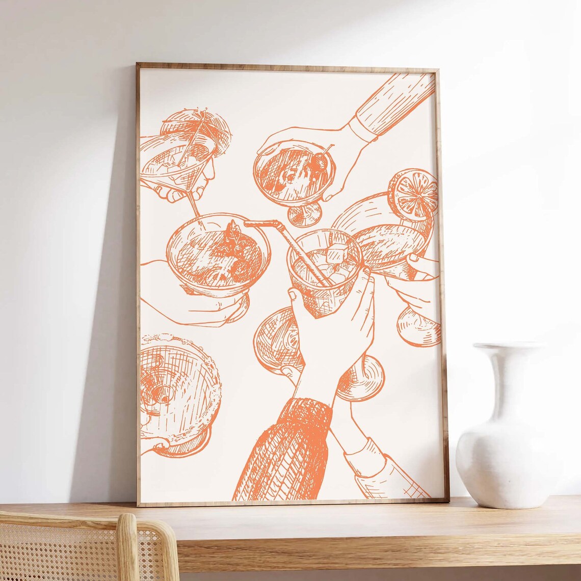 Cocktail Toast Orange Line Art Cheers Bar Cart Sketch Art Poster - Image 2