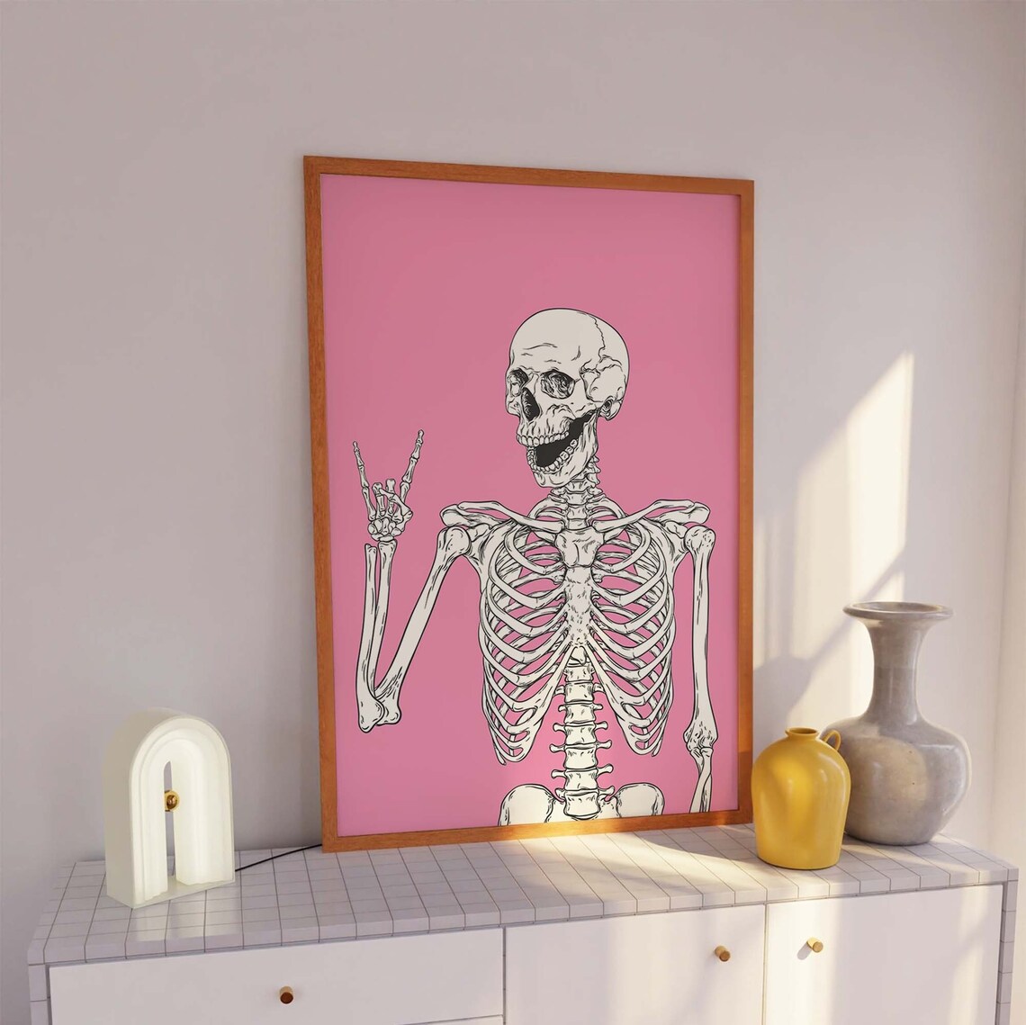 Laughing Skeleton Peace Sign Anatomical Pink Halloween Wall Art - Image 3