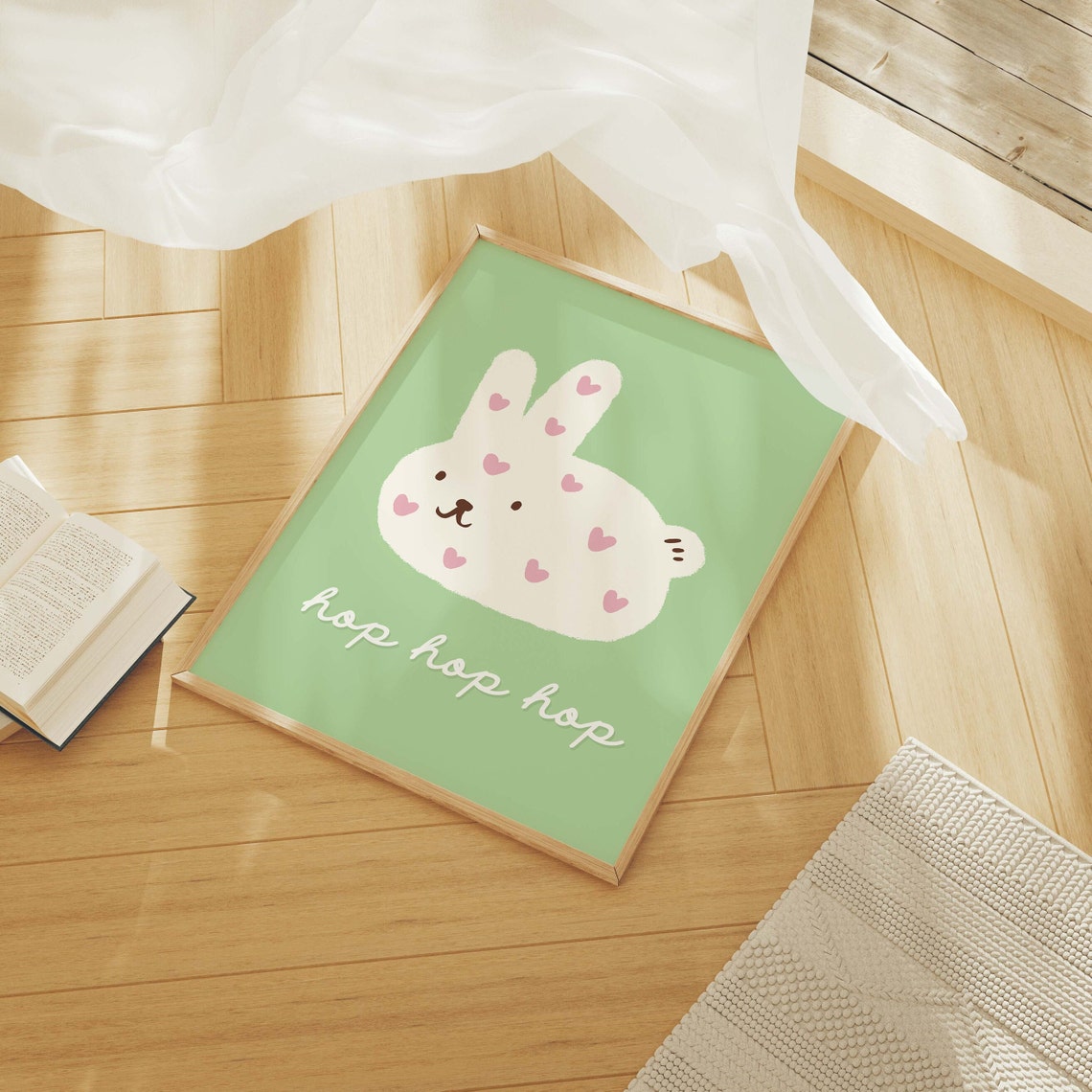 Cute Bunny Print Art Cute Rabbit Art Print Green Wall Art Trendy Easter Decor Nursery Decor - Image 4