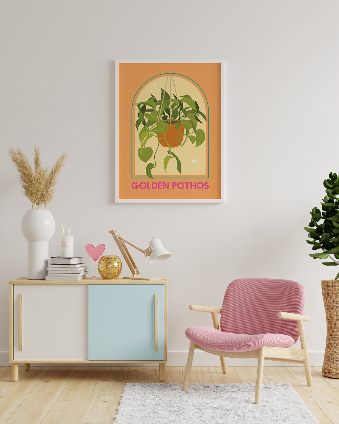 Golden Pothos Hanging Plant Orange Arch Botanical Illustration Poster - Image 3