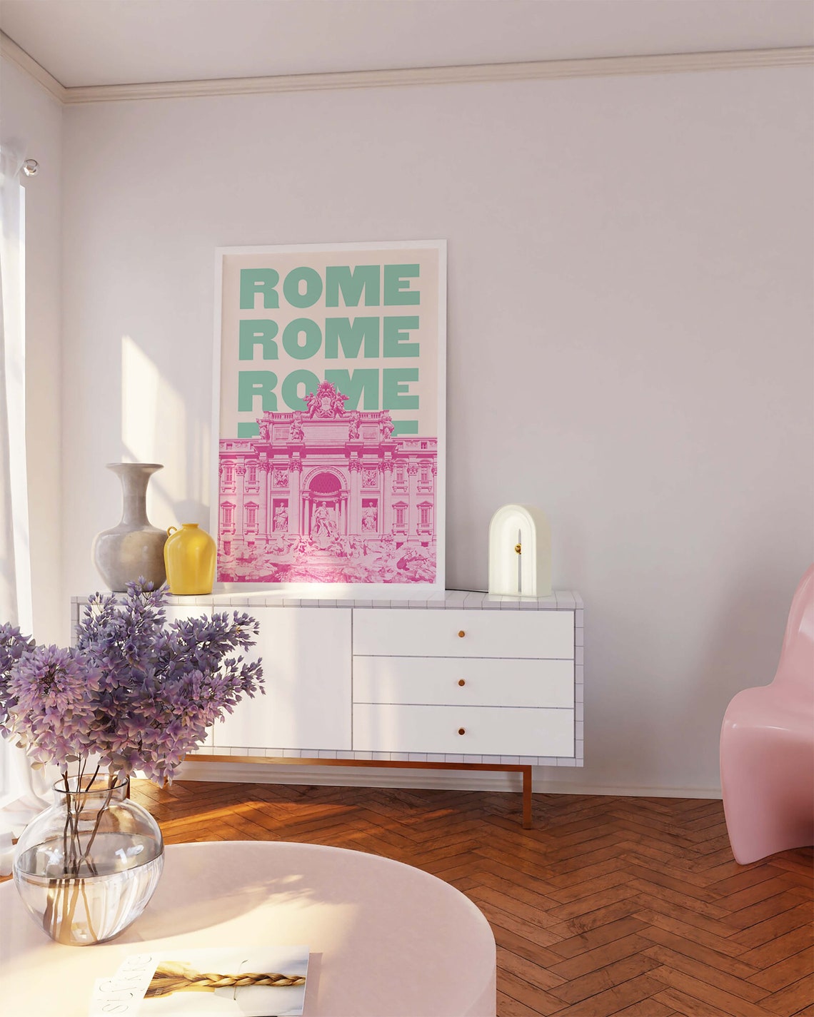 Rome Trevi Fountain Poster with Pink Fountain and Mint Typography - Image 3