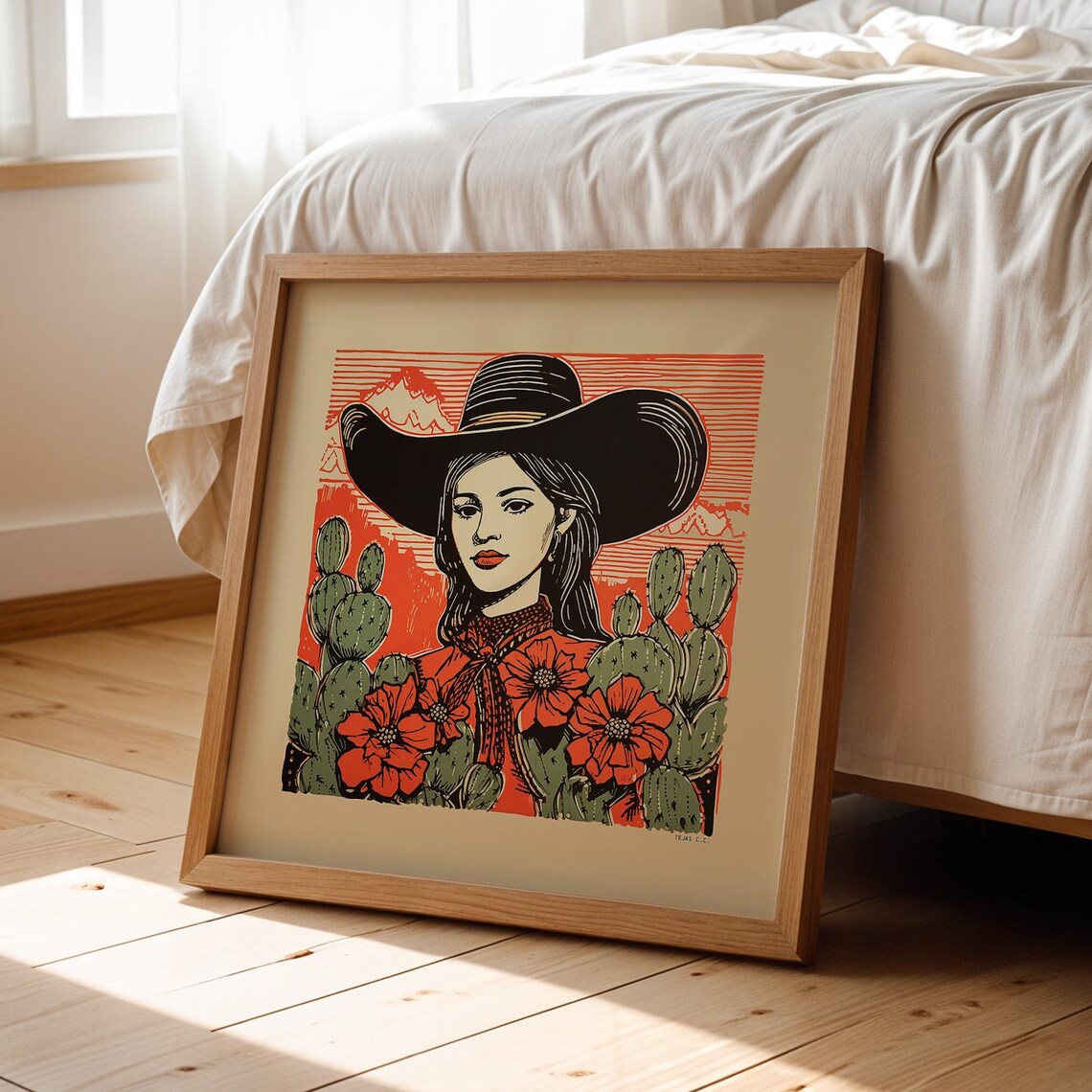 Cowgirl Desert Linocut Art Print, Ranch Decor