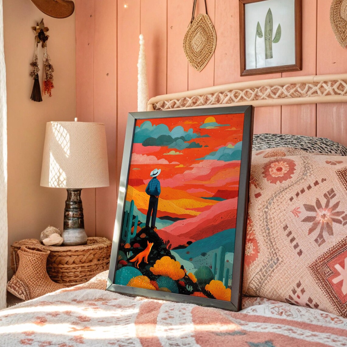 Cowboy and Fox Watching Colorful Desert Sunset Folk Art Poster