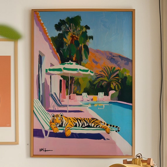 Tiger Swimming Pool Art Print, Kitsch Eclectic Decor