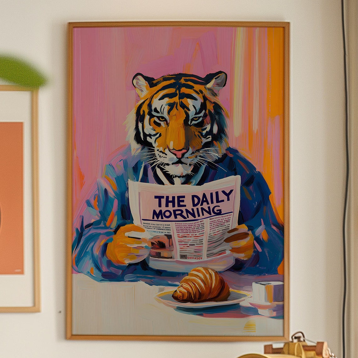 Tiger Reading Morning Newspaper Croissant Funny Animal Art Print