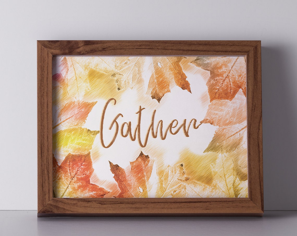 Gather Script Watercolor Autumn Leaves Thanksgiving Poster Art