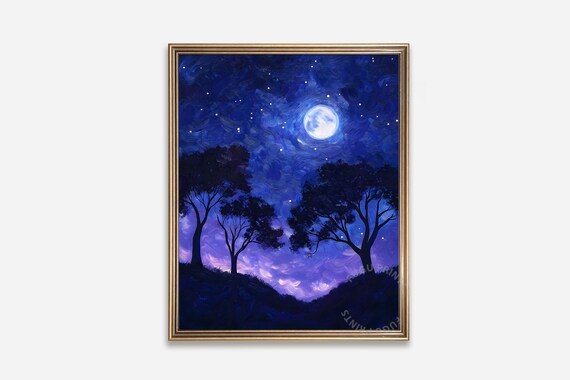 Moonlit Night Art Starry Sky Wall Art Impressionist Landscape Blue Purple Celestial Home Decor 269