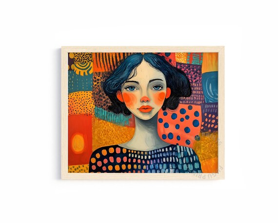 Colorful Patchwork Woman Portrait with Dark Hair Boho Decor Wall Art