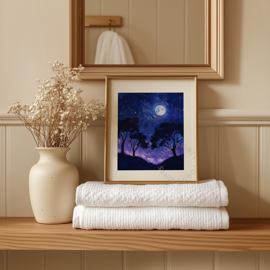 Moonlit Night Art Starry Sky Wall Art Impressionist Landscape Blue Purple Celestial Home Decor 269 - Image 3