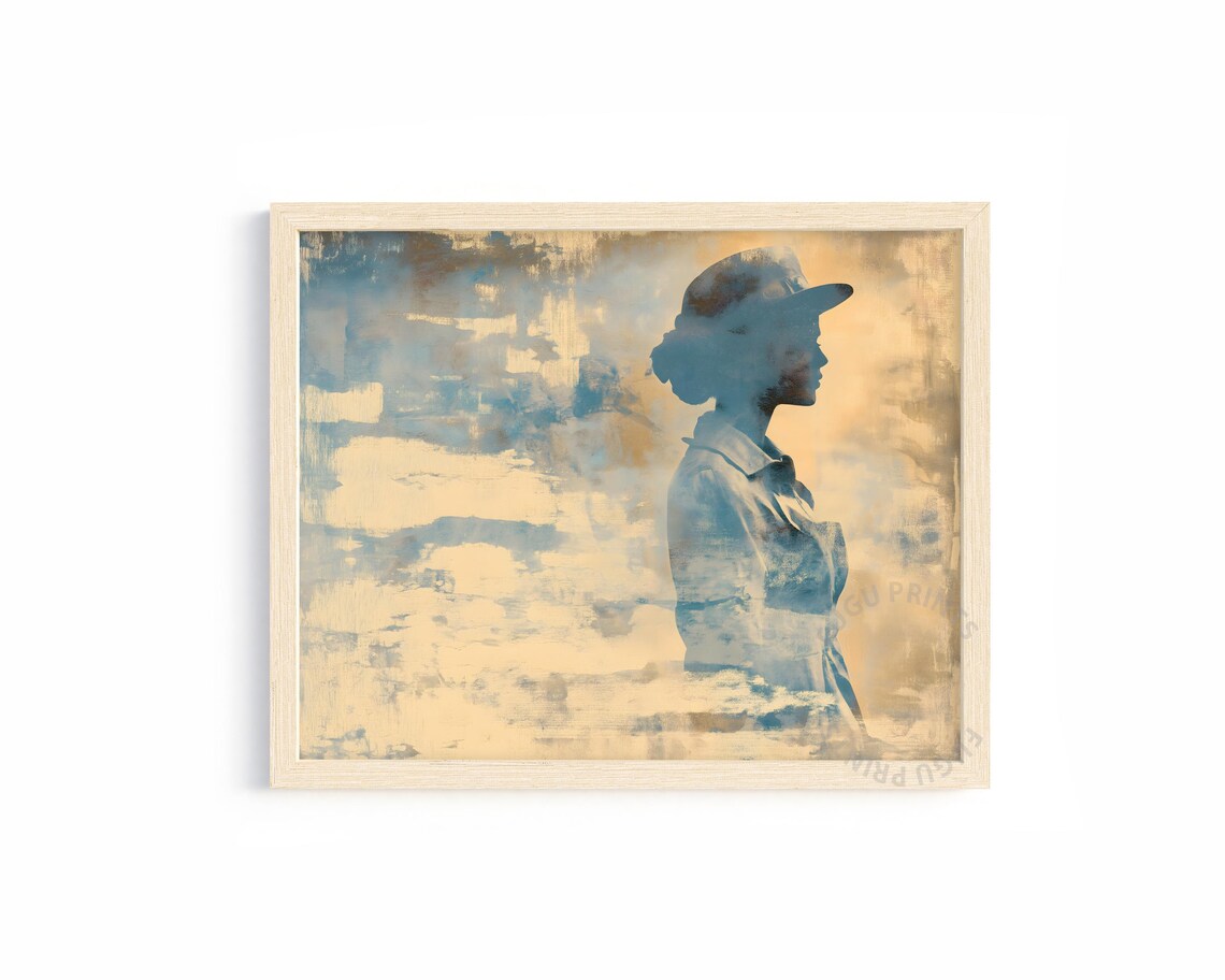 Abstract Blue Beige Woman Silhouette Wearing Hat Vintage Poster