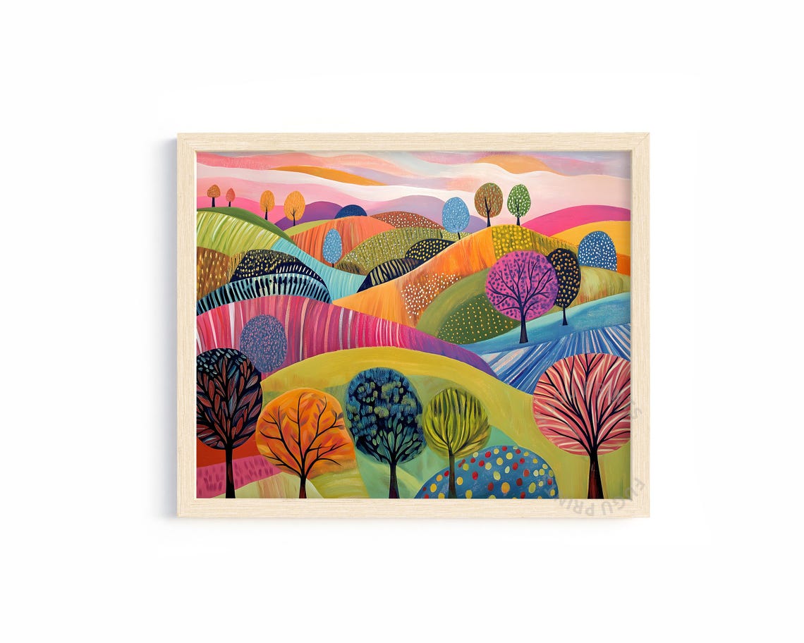 Colorful Landscape Print Whimsical Tree Art Abstract Wall Decor Naive Art Playful Home Decor 76