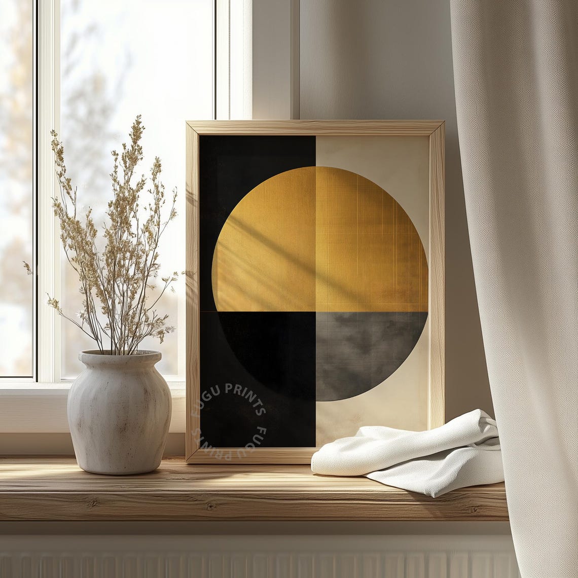 Gold Circle Abstract Art Black Cream Geometric Print Wall Art 260 - Image 4