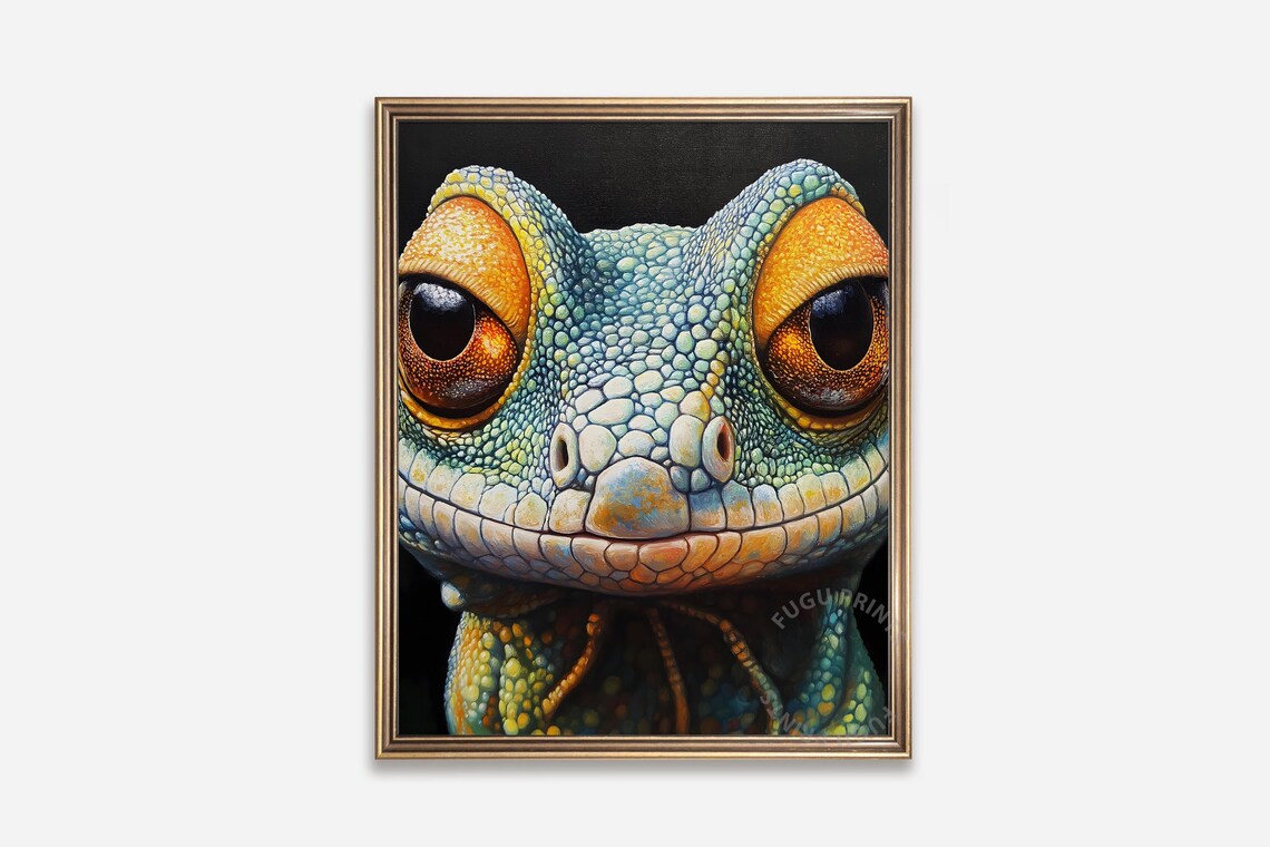 Vivid Gecko Face Close Up Colorful Reptile Portrait Art Poster