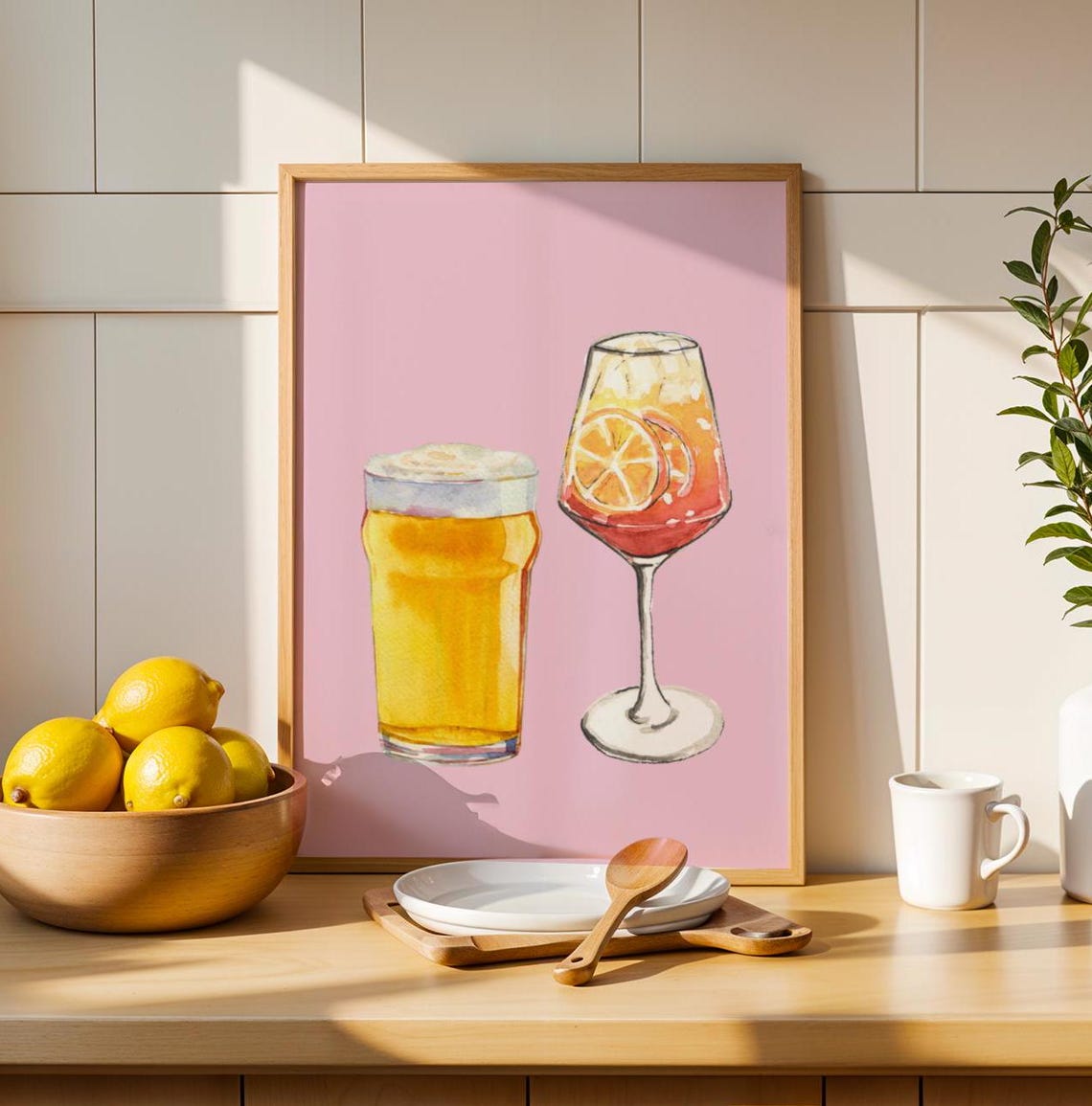 Beer and Aperol Spritz Pink Cocktail Kitchen Decor Art Poster